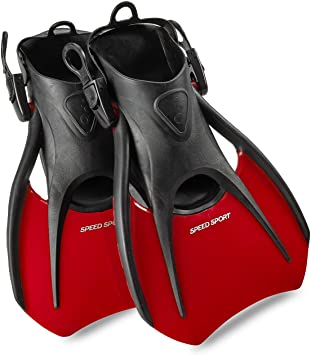 Phantom Aquatics Snorkel Fins, Swim Fins Travel Size Short Adjustable for Snorkeling Diving Adult Men Women Kids Open Heel Swimming Flippers   Net Carry Bag… (Red, Medium (US Men's 7-10))