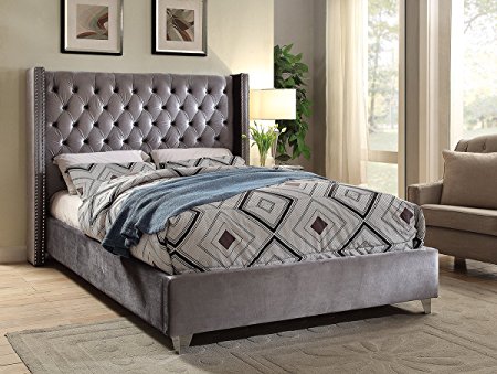 Meridian Furniture AidenGrey-K Aiden Velvet Upholstered Button Tufted Wingback Bed with Chrome Nailhead Trim and Custom Chrome Legs, King, Grey