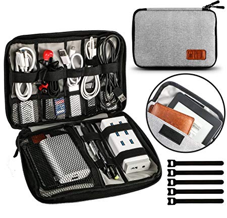 Wire Cable Organiser Bag Universal Travel Bags Organiser Waterproof Electronics Accessories Case for Various Hard Drives,Mouse,Chargers,with 5 Cable Ties,Gray