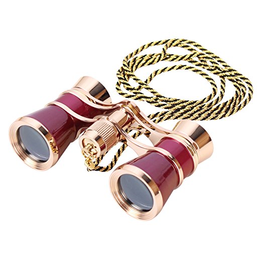 Aomekie 3X25 Theater Opera Glasses Binoculars for Musical Concert (Red, with Chain)