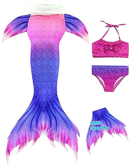 YITU Mermaid Tails for Swimming - Princess Bikini Swimsuit with Monofin 4pcs Sets, Swimwear for Girls