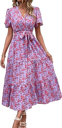 MASCOMODA Womens Boho Swiss Dot Maxi Dresses Wrap V Neck Flutter Short Sleeve Solid Tie Belt A Line Tiered Flowy Long Dresses