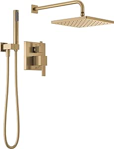 Delta Faucet Modern Raincan 2-Setting Square Shower System Including Rain Shower Head and Handheld Spray Gold, Rainfall Shower System Gold, Shower Valve and Trim Kit, Champagne Bronze 342701-CZ