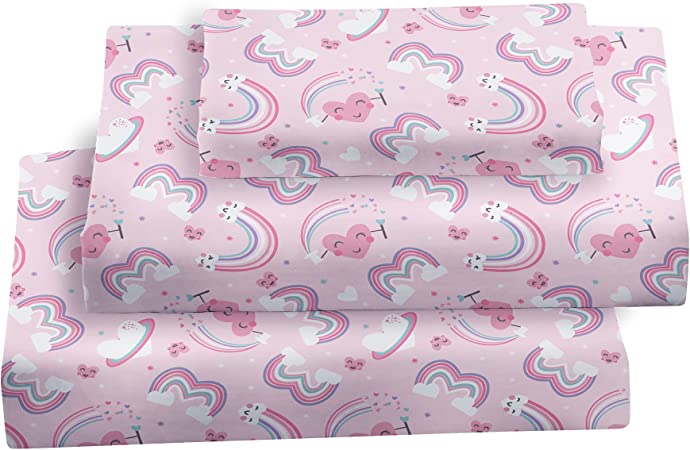 Softan Bed Sheet Set for Kids Girls, Twin Size Kids Sheets Microfiber Kids Fitted Sheet, Breathable & Silky Soft Feeling Kids Sheet Set 3 PCs Pink Rainbow Kids Twin Bed Sheet