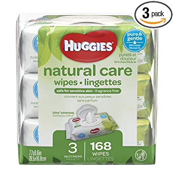 HUGGIES Natural Care Unscented Baby Wipes, Sensitive, Water-Based, 3 Packs, 9 Total Flip Top Packs, 504 Total Wipes