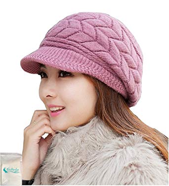 Women Girl's Winter Warm Knit Thicken Hat Wool Snow Ski Caps with Visor