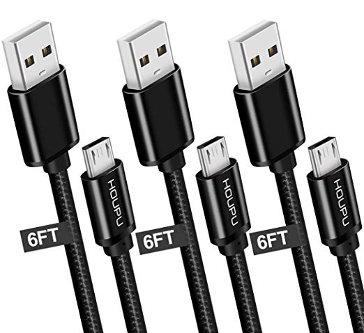 Micro USB Cable Braided, HOUPU [3-Pack 6ft] Nylon Braided Fast Charger & Sync Cord Compatible with Android, Kindle, Samsung Galaxy S7 / S6 Edge, Note 5/4/ 2, HTC, LG G4, BlackBerry, Motorola, Sony