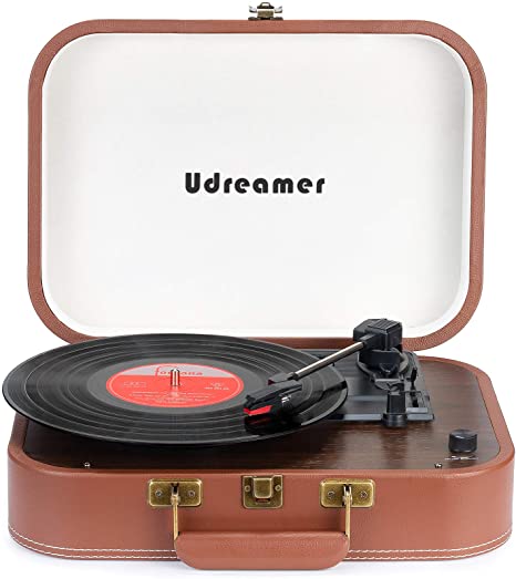 Vinyl Record Player Turntable with Stereo Speakers Bluetooth Portable 3-Speed Suitcase Record Player USB Belt-Driven Vintage Phonograph Record Player