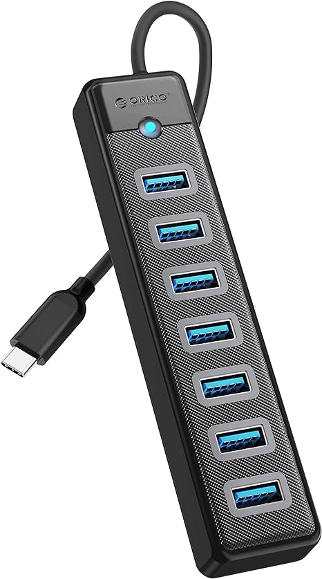 ORICO 7-Port USB C Hub 3.0 with 0.5ft Extension Cable, 5Gbps Fast Data USB Splitter Transfer Multi USB Port Expander for Laptop, PC, Flash Drive, Printer, Mobile HDD