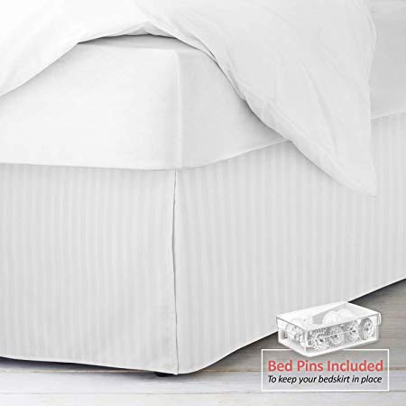 Nestl Bedding Pleated Bed Skirt - Damask Dobby Stripe Bed Skirt - Luxury Microfiber Dust Ruffle - 14” Tailored Drop - Bonus Bed Skirt Pins Set of 8 Included - King, White