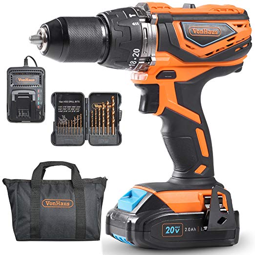 VonHaus 20V MAX 1/2" Cordless Drill Driver Set with LED Light and Hammer Function, 2 Speed Max Torque 336 in-lbs, 15pc Accessories 2.0Ah Lithium-Ion Battery and Charger Kit Included