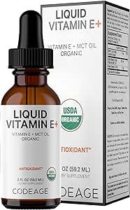 Codeage Liquid Vitamin E  - USDA-Certified Organic, Organic MCT Oil, Organic Orange Oil Fruit, 2-Month Supply, Unflavored - Antioxidant, Skin & Immune Support - Non-GMO, Vegan, Gluten-Free - 2 fl oz