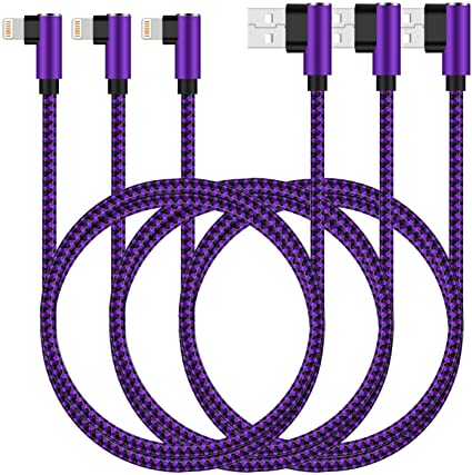iPhone Charger Cable,3Pack 10FT Long Nylon Braided 90 Degree Lightning Gaming Cable USB Charging&Syncing Cord Compatible for iPhone Xs/Max/XR/X/8/8Plus/7/7Plus/6S/6S Plus/SE/iPad (Purple)
