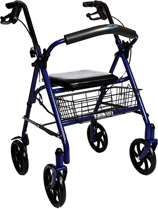 Healthline Trading Walker Rollator with 7.5" Four Wheels Fold Up Removable Back Support, Blue