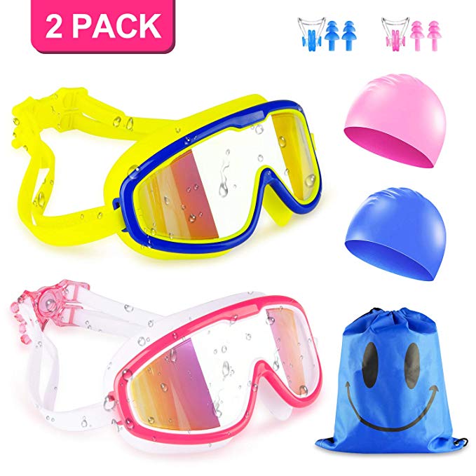 KAQINU Kids Swim Goggles, 2 Packs Swimming Goggles for Boys Girls, No Leaking Anti Fog UV Protection Crystal Clear Wide Vision Goggles with Swim Caps   Nose Clips   Ear Plugs   Storage Bag