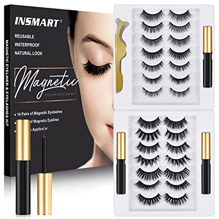 Magnetic Eyelashes, 14 Pairs False Lashes with 3 Tubes of Magnetic Eyeliner, Magnetic Lashes, Natural Look Kit with Tweezers, Reusable, No Glue