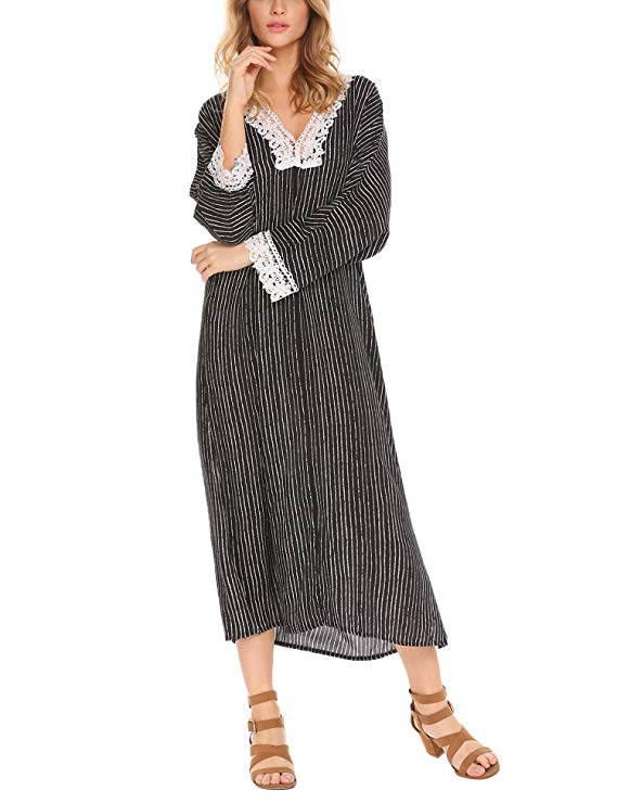 Zeagoo Fashion Women Round Neck Long Sleeve Maxi Long Casual Solid Dress