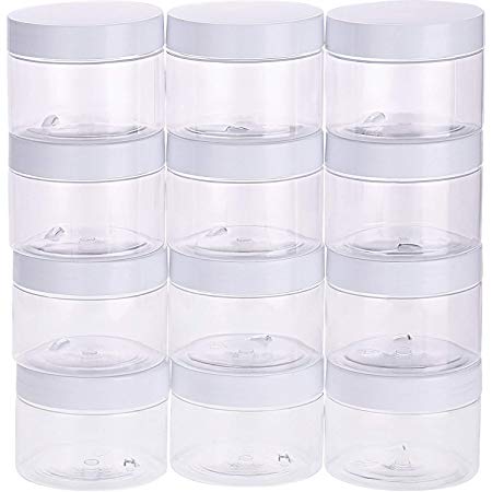 Chuangchou Empty Clear Plastic Slime Storage Favor Jars Wide-mouth Plastic Containers with White Lids (12 Pack) for Beauty Products, DIY Slime Making or Others (6 oz)