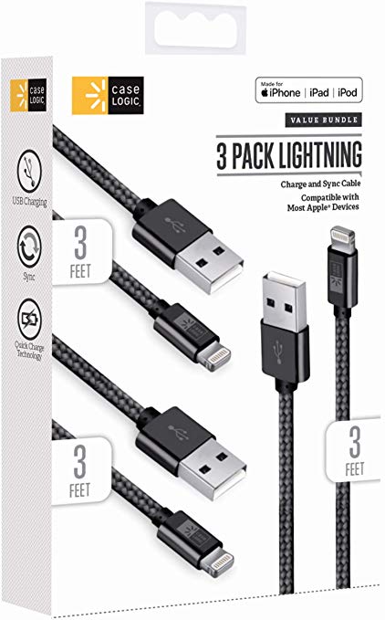 Case Logic Triple Pack 3 Foot Braided Lightning to USB A Cable Apple MFI-Certified iPhone Charger Cable (3 Foot, 3 Pack- Black)