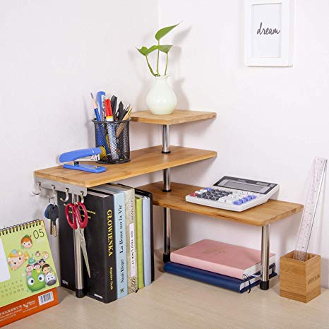Olive Desktop Organizer Office Kitchen Corner Shelf Unit Adjustable Bamboo Storage Rack, Freestanding Display Shelf