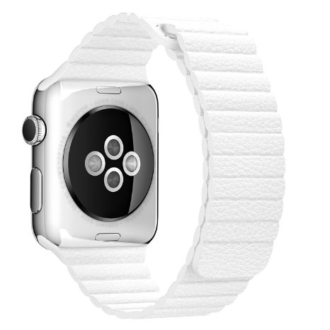 OULUOQI Magnetic Closure Leather Band for Apple Watch Band Leather Loop 42mm White (Medium Size)