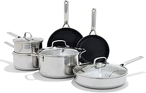 OXO Agility Tri-Ply Stainless Steel 13 Piece Cookware Pots and Pans Set, Induction, PFAS-Free Ceramic Nonstick Coated Frypans, Ultra-Durable, Quick Even Heating, Pouring Rims, Dishwasher and Oven Safe