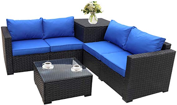 Outdoor PE Wicker Furniture Set 4 Piece Patio Black Rattan Sectional Loveseat Couch Set Conversation Sofa with Storage Table Royal Blue Cushion