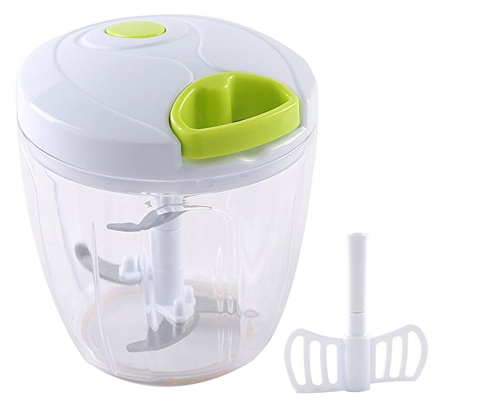 Migecon Manual Chopper Vegetable Pull Dicer with 5 Blades Powerful Food Processor Apply to Onion Garlic Nuts Herbs for Salsa Salad Pesto Coleslaw Puree in Kitchen or Camping Use 4 Cups Capacity Green