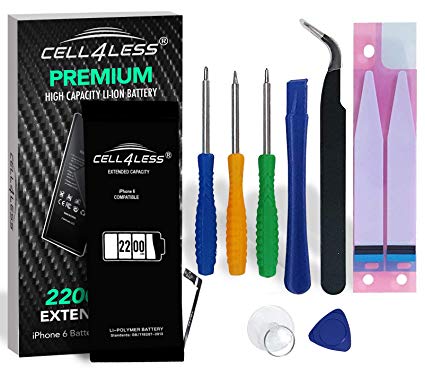 CELL4LESS Battery Replacement Kit for iPhone 6 A1549 & A1586-, 3.82V, 6.91 WHR w/Assembly Tools & Adhesive Pull Strips [2 Year Warranty] (i6 2200mAh Extended Capacity)