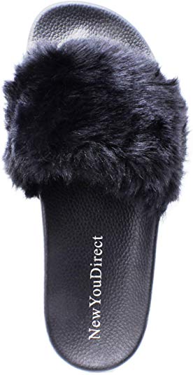 NewYouDirect Fur Slides for Women,Fuzzy Sandals Flip Flop Furry Slides Soft Flat for Indoor Outdoor