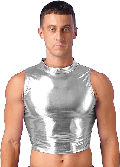 FEESHOW Mens Shiny Metallic Sleeveless Crop Top Mock Neck Slim Fit Muscle Tank Top Vest