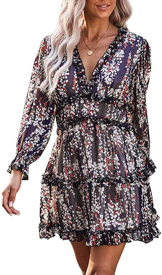 Dokotoo Womens Spring Summer Deep V Neck Ruffle Long Sleeve Floral Print Mini Dress