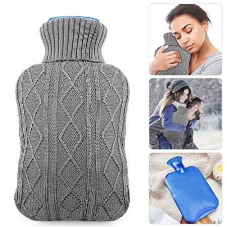 Hot Water Bottle with Knit Cover, UBEGOOD Rubber Transparent Hot Water Bag, Good for Pain Relief (2 Liters, Blue/Gray)