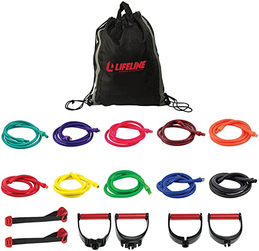 Lifeline Resistance Trainer Kit with 10lb to 100lb Adjustable Resistance Level Bands for More Workout Options Includes Triple Grip Handles, Door Anchor, 5ft Exercise Tubes and Carry Bag