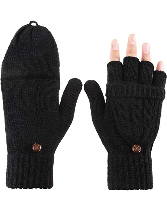 Tatuo Women Convertible Glove Cable Knit Glove Half Finger Mitten with Cover for Cold Days