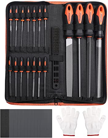 Vastar 33Pcs Metal File Set, 18Pcs T12 Drop Forged Alloy Steel Hand Metal File with Carry Case/Sandpaper Gloves/Precision Flat Triangle/Half-Round/Round Needle File, File Tool for Metal/Plastic/Wood