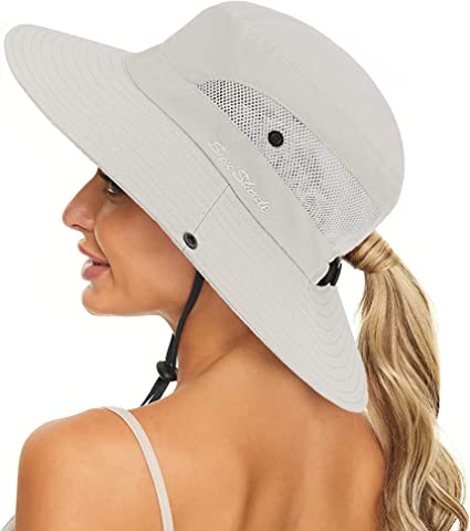 Women's Summer Sun-Hat Ponytail - UV-Protection Mesh Wide Brim Foldable Hat with Ponytail Hole