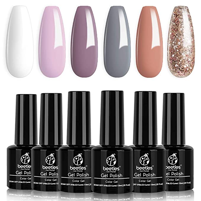 Beetles Gel Nail Polish Set, Weekend Getaway Collection Soft Pink Purple Nude Gel Polish Golden Glitter Coral Gel Nail Lacquer Kit Bridal French Nail Art Manicure Gift Kit, 7.3ml Each Bottle