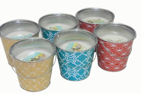 (Pack of 6) Patio Essentials 18 oz. Citronella Candle In Painted GEO Design Metal Bucket , Deet-Free Insect Repellent