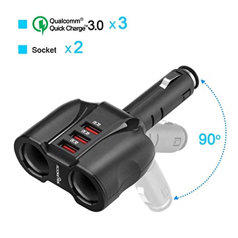 Rocketek 2-Socket 3-Port QC 3.0 Car Charger Cigarette Lighter Splitter, 90W 12V/24V DC Outlet Multi Socket Car Cigarette Lighter Adapter Support up to Cellphone/Nintendo Switch/Tablet/GPS/DashCam etc