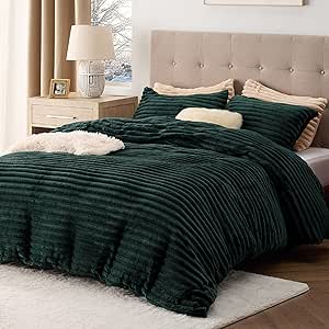 Bedsure Fluffy Comforter Cover Set - Ultra Soft Plush Shaggy Duvet Cover King Size, Warm Flannel Fleece Bed Sets for Winter, 3 Pieces, 1 Duvet Cover 2 Pillowcases (Striped Pattern, Forest Green)