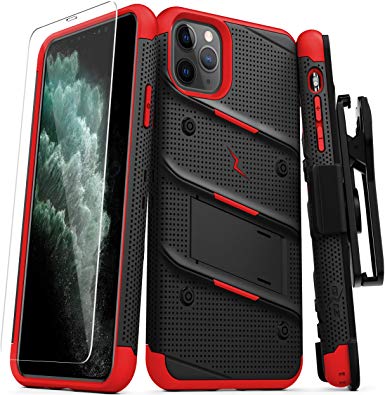 ZIZO Bolt Series iPhone 11 Pro Max Case - Heavy-Duty Military-Grade Drop Protection w/Kickstand Included Belt Clip Holster Tempered Glass Lanyard - Black/Red