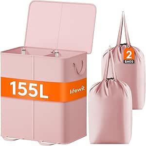 Lifewit Double Laundry Hamper with Lid and Removable Laundry Bags, Large Collapsible 2 Dividers Dirty Clothes Basket with Handles for Bedroom, Laundry Room, Closet, Bathroom, College, 155L Pink