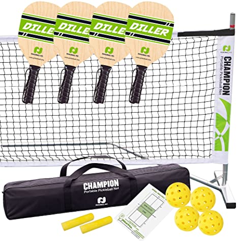 Champion Portable Pickleball Net Set with Family Friendly Beginner Diller Paddles (4 Wood Paddles, 4 Pickleballs, 2 Line Chalk, Rules/Strategy Guide)