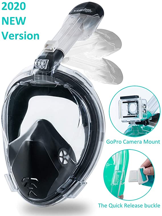 X-Lounger Snorkeling Mask Full Face Foldable Easy Breathe Anti-UV Ear Pressure Balance Design 180 Panoramic View Double Anti-Fog Anti-Leak Detachable Camera Mount Earplugs Clear PVC Bag