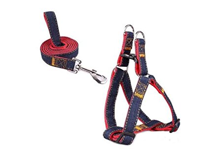 Mimibox No-pull Dog Harness Denim Traction Rope Adjustable Training Walking Combo Collar Leash for Small/Medium/Large Dog