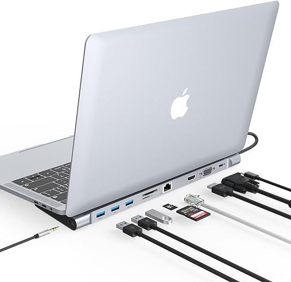 AYCLIF 10 in 1 USB C Docking Station Dual Display Laptop USB C Docking Station,USB C Hub Dock for MacBook & Windows (HDMI, VGA, PD 100W, Ethernet, SD/TF Card Reader, Audio, 3 USB Ports), gray