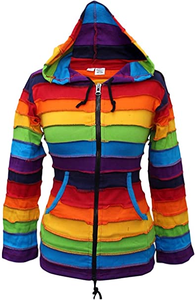 SHOPOHOLIC FASHION Long Pixie Hooded Rainbow Stripe Colourful Jacket,Boho Hippy Hoodie