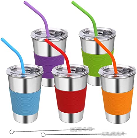 Rommeka Kids Cups with Lids, 16oz Stacking Toddler Cups Spill Proof Smoothie Stainless Steel Tumbler with Straw Sippy Cups for Toddlers and Adults, 5 Pack