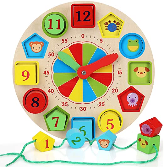 TOY Life Kids Learning Clock for Kids Learning to Tell Time - Wooden Shape Color Sorting Clock Jigsaw Montessori Educational Toy Clock - Teaching Clock Toys for 1 2 3 Year Old Toddler Kids Baby